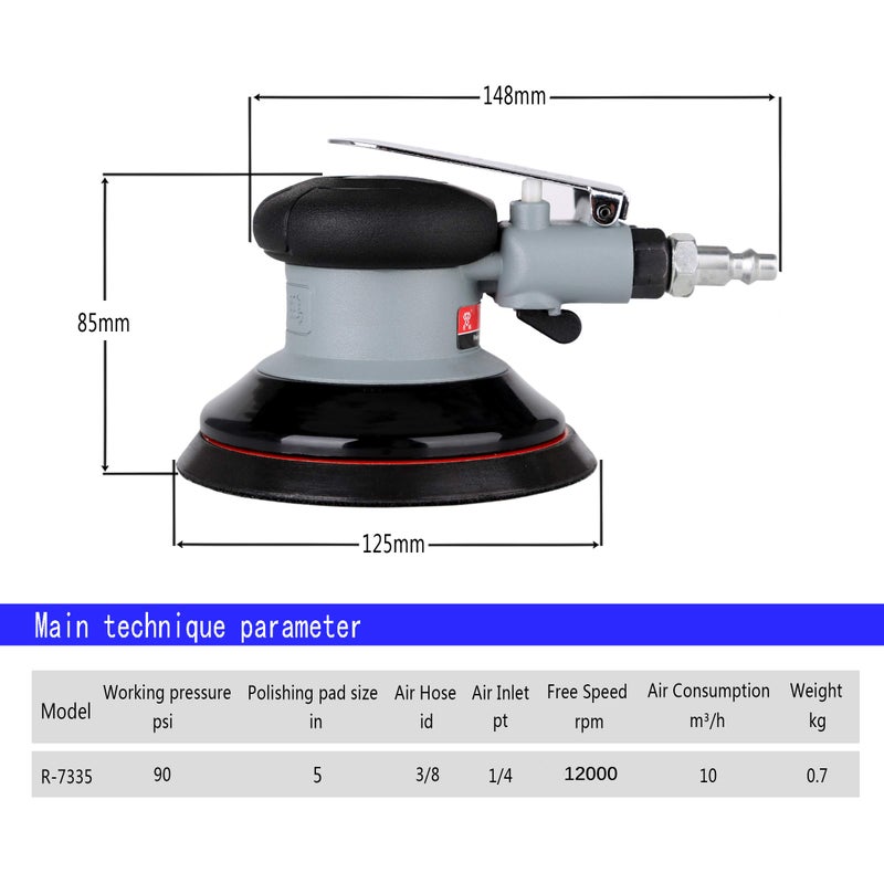 Valianto Air Random Orbital Sander 5" Dual Action Palm Sander, 2.5mm Eccentricity Pneumatic Sander Lightweight and Low Vibration With Speed regulation - Image 2